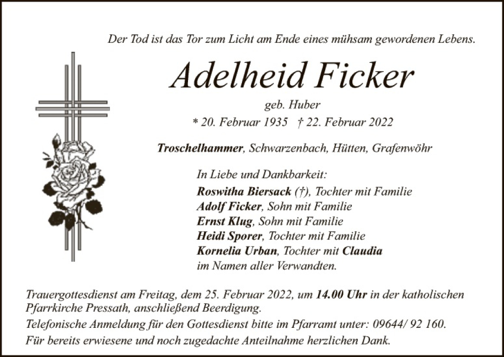  Traueranzeige für Adelheid Ficker vom 23.02.2022 aus Hauptausgabe Weiden