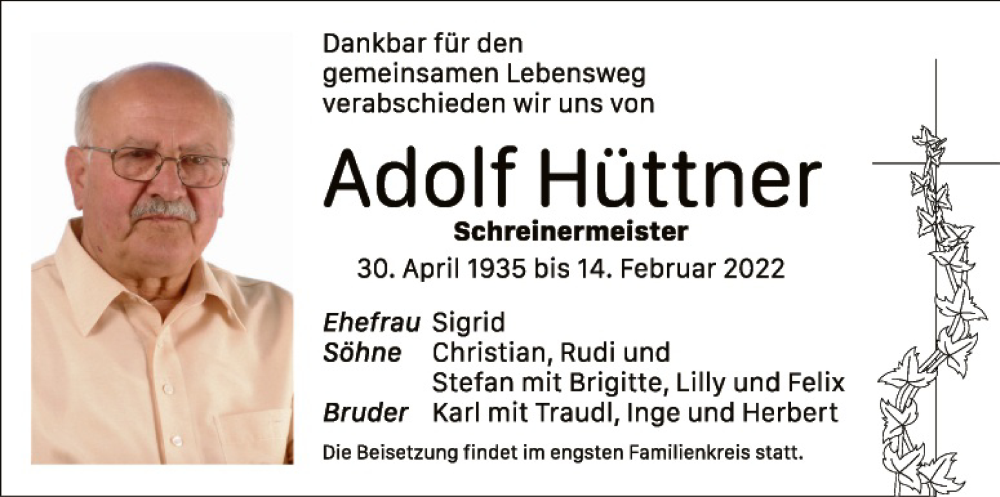  Traueranzeige für Adolf Hüttner vom 19.02.2022 aus Hauptausgabe Amberg