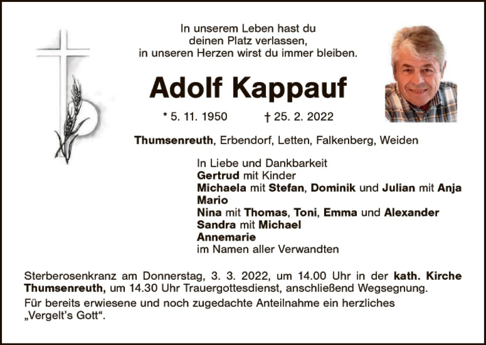  Traueranzeige für Adolf Kappauf vom 01.03.2022 aus Hauptausgabe Weiden
