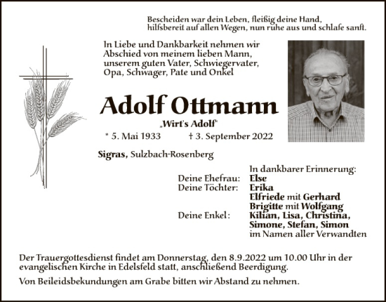 Traueranzeige von Adolf Ottmann von Hauptausgabe Amberg