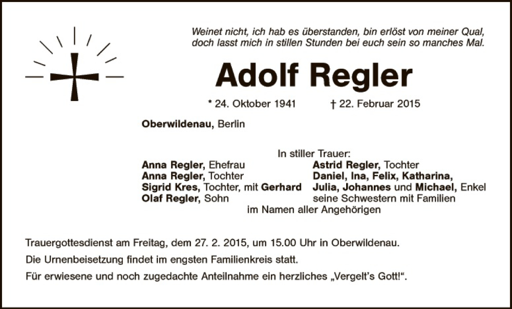  Traueranzeige für Adolf Regler vom 25.02.2015 aus Hauptausgabe Weiden
