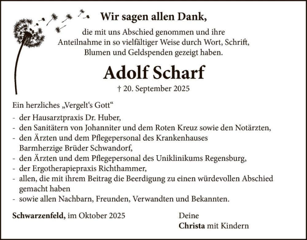  Traueranzeige für Adolf Scharf vom 17.10.2025 aus Landkreis Schwandorf