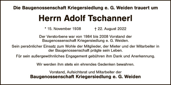 Traueranzeige von Adolf Tschannerl von Hauptausgabe Weiden
