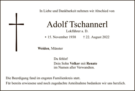 Traueranzeige von Adolf Tschannerl von Hauptausgabe Weiden