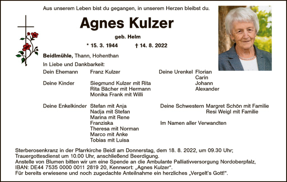  Traueranzeige für Agnes Kulzer vom 17.08.2022 aus Gesamtausgabe