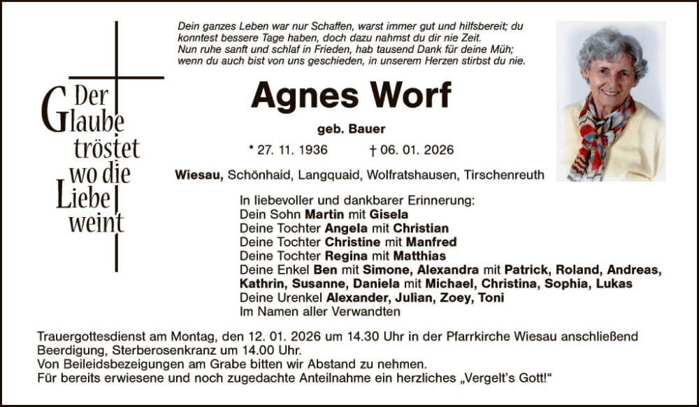  Traueranzeige für Agnes Worf vom 10.01.2026 aus Tirschenreuth + Eschenbach - Kemnath - Erbendorf