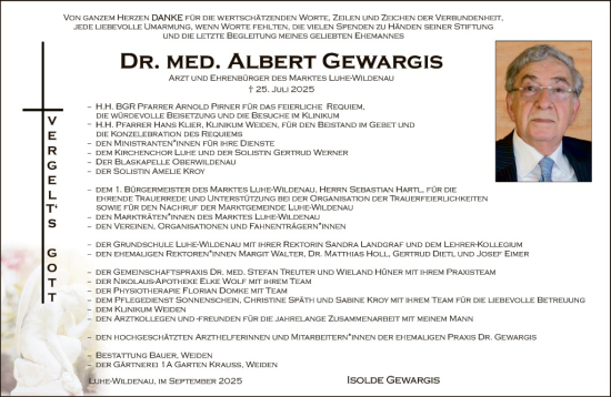 Traueranzeige von Albert Gewargis von Hauptausgabe Weiden