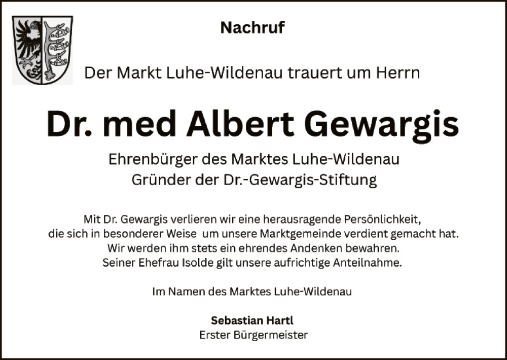  Traueranzeige für Albert Gewargis vom 06.09.2025 aus Hauptausgabe Weiden
