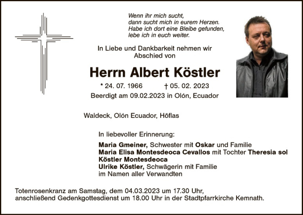  Traueranzeige für Albert Köstler vom 01.03.2023 aus Tirschenreuth + Eschenbach - Kemnath - Erbendorf