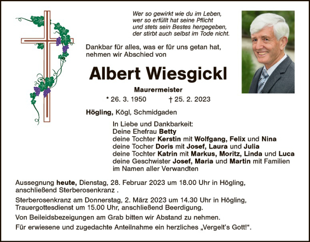  Traueranzeige für Albert Wiesgickl vom 28.02.2023 aus Amberger Zeitung / Sulzbach - Rosenberger Zeitung + Landkreis Schwandorf