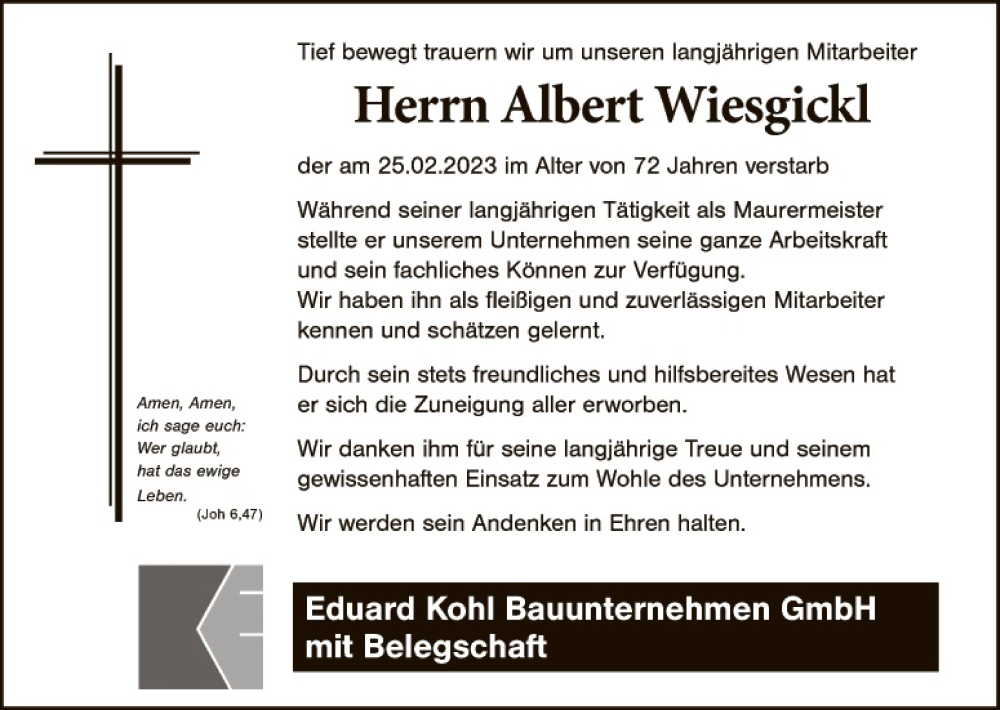  Traueranzeige für Albert Wiesgickl vom 02.03.2023 aus Hauptausgabe Amberg