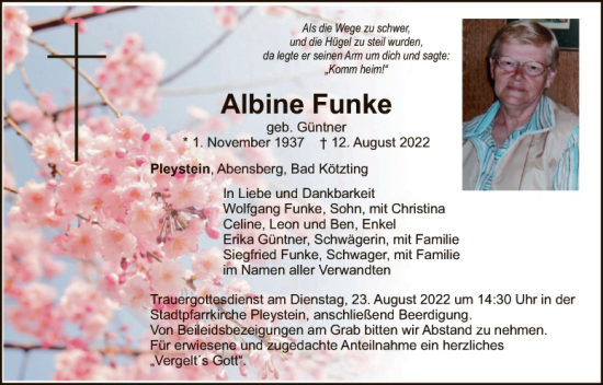 Traueranzeige von Albine Funke von Landkreis Schwandorf und Vohenstrauß