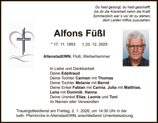 Traueranzeige von Alfons Füßl von Hauptausgabe Weiden