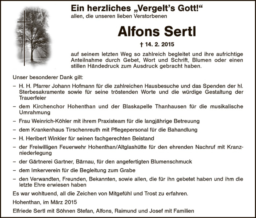  Traueranzeige für Alfons Sertl vom 03.03.2015 aus Tirschenreuth + Eschenbach - Kemnath - Erbendorf