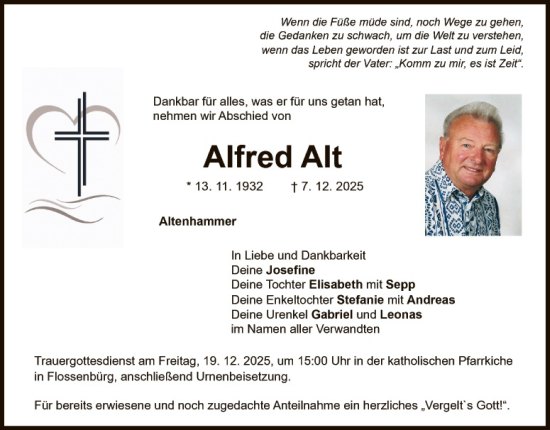 Traueranzeige von Alfred Alt von Hauptausgabe Weiden