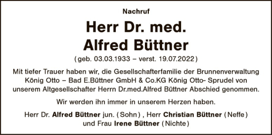 Traueranzeige von Alfred Büttner von Tirschenreuth