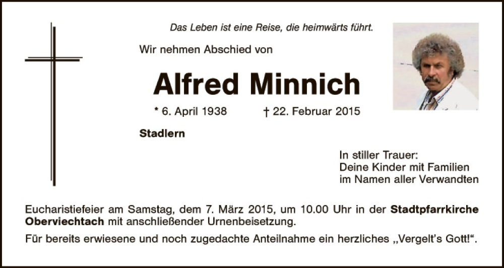  Traueranzeige für Alfred Minnich vom 04.03.2015 aus Hauptausgabe Weiden