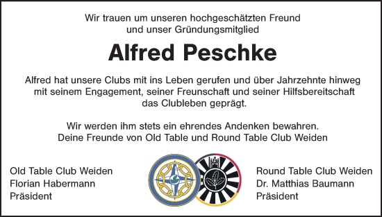 Traueranzeige von Alfred Peschke von Hauptausgabe Weiden