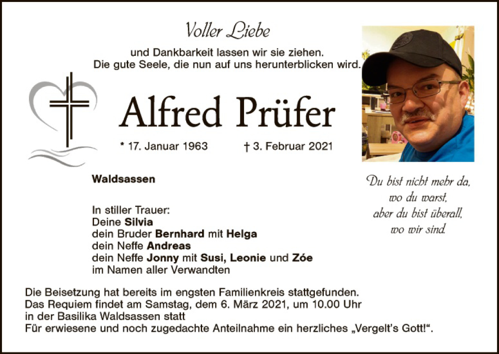  Traueranzeige für Alfred Prüfer vom 15.02.2021 aus Tirschenreuth + Eschenbach - Kemnath - Erbendorf