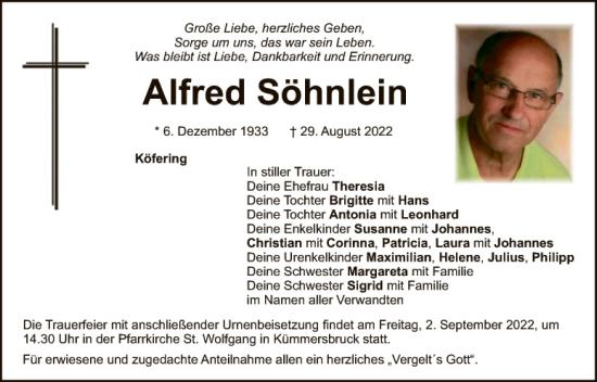 Traueranzeige von Alfred Söhnlein von Hauptausgabe Amberg