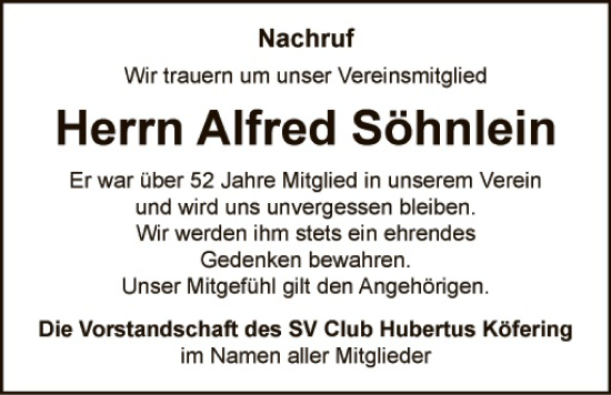 Traueranzeige von Alfred Söhnlein von Hauptausgabe Amberg