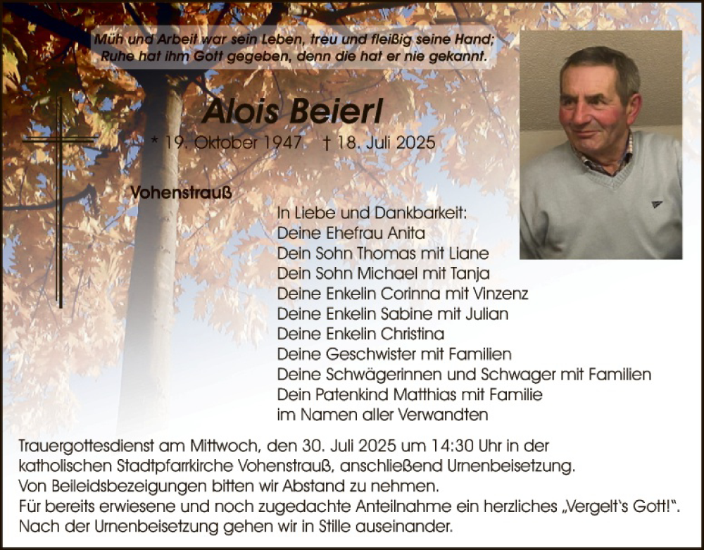  Traueranzeige für Alois Beierl vom 28.07.2025 aus Landkreis Schwandorf und Vohenstrauß