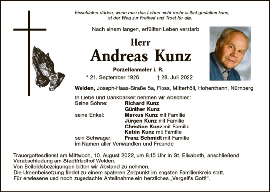 Traueranzeige von Andreas Kunz von Hauptausgabe Weiden