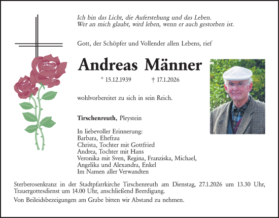 Traueranzeige von Andreas Männer von Hauptausgabe Weiden