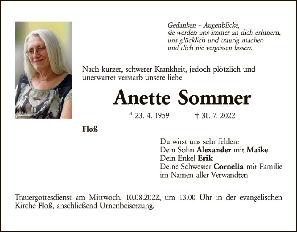  Traueranzeige für Anette Sommer vom 06.08.2022 aus Hauptausgabe Weiden