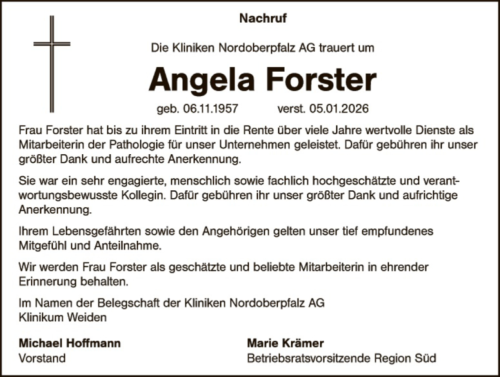 Traueranzeige für Angela Forster vom 20.01.2026 aus Hauptausgabe Weiden