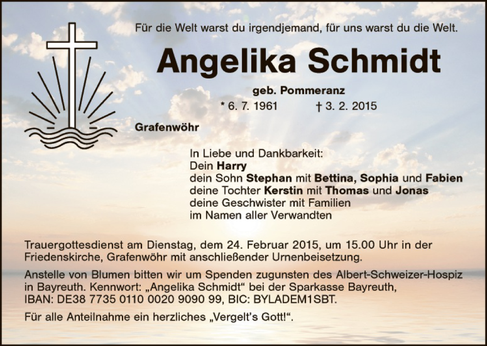  Traueranzeige für Angelika Schmidt vom 21.02.2015 aus Tirschenreuth + Eschenbach - Kemnath - Erbendorf