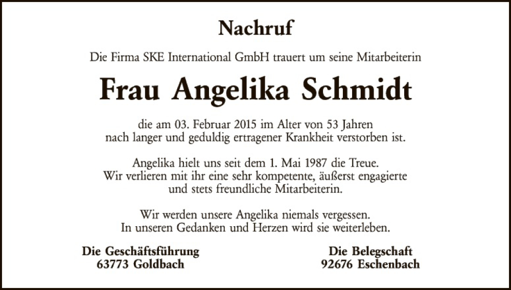  Traueranzeige für Angelika Schmidt vom 21.02.2015 aus Tirschenreuth + Eschenbach - Kemnath - Erbendorf