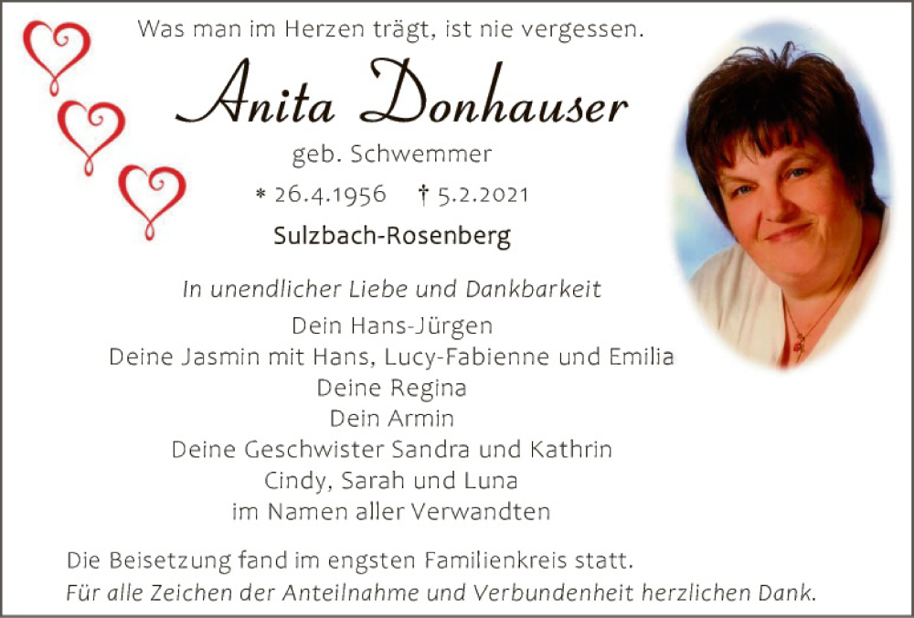  Traueranzeige für Anita Donhauser vom 13.02.2021 aus Hauptausgabe Amberg