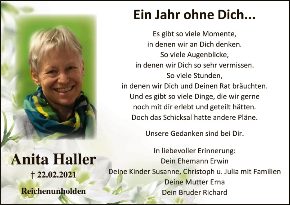  Traueranzeige für Anita Haller vom 22.02.2022 aus Gesamtausgabe