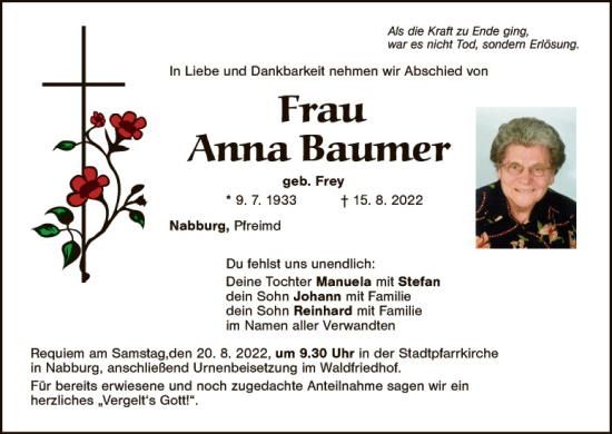 Traueranzeige von Anna Baumer von Landkreis Schwandorf