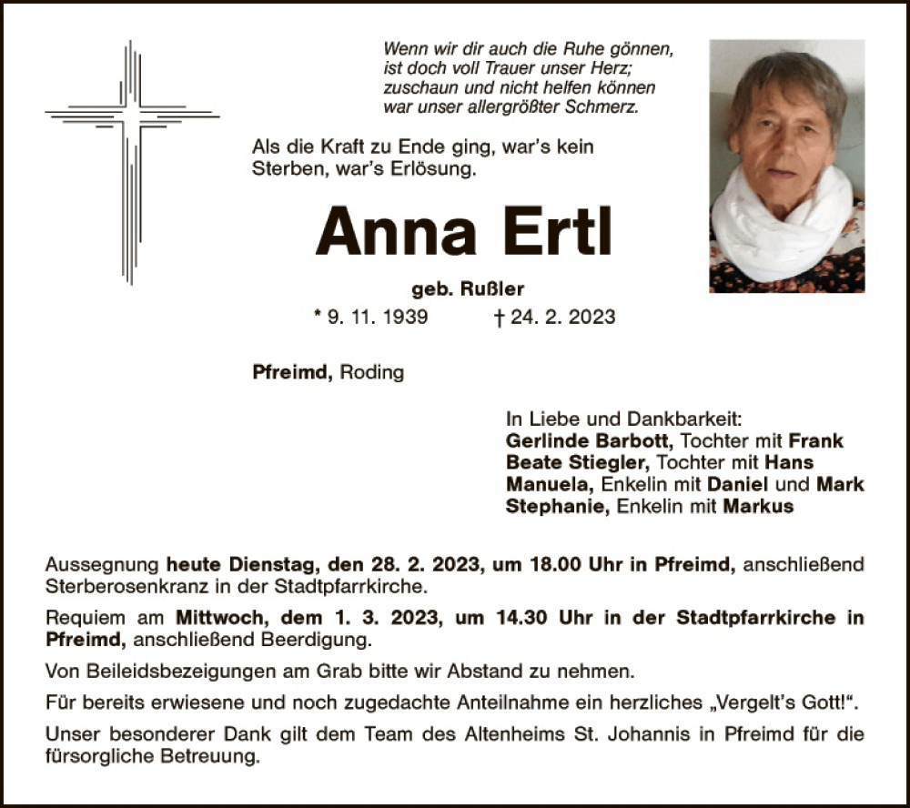  Traueranzeige für Anna Ertl vom 28.02.2023 aus Landkreis Schwandorf