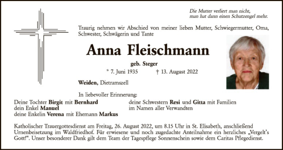 Traueranzeige von Anna Fleischmann von Hauptausgabe Weiden