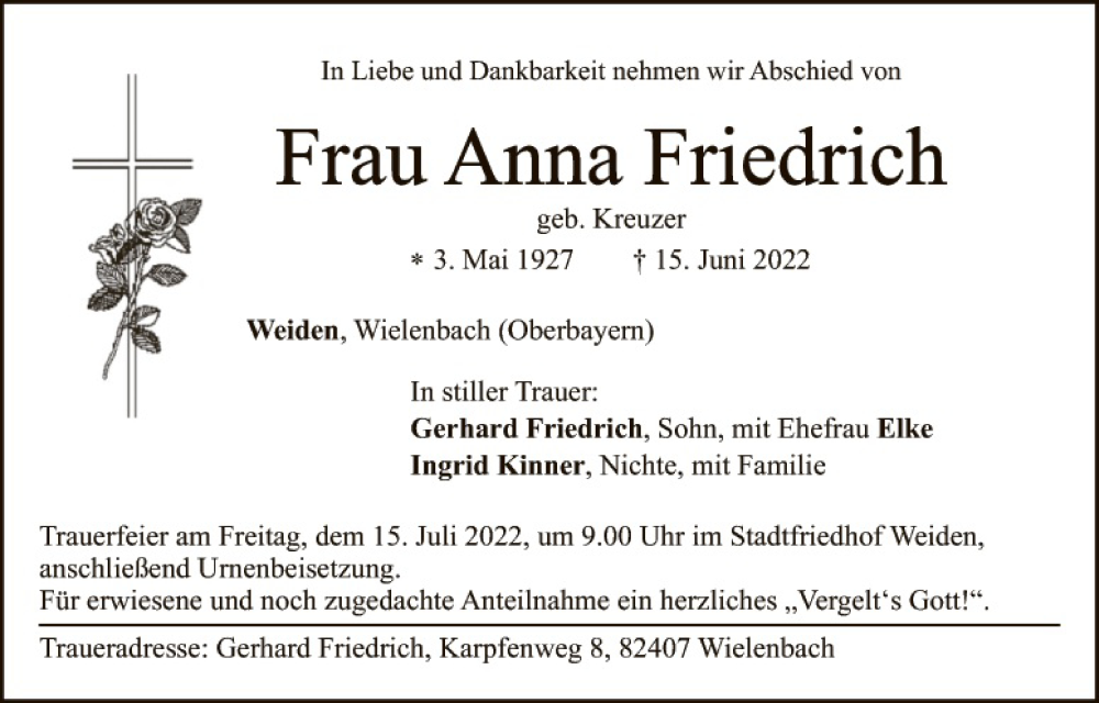  Traueranzeige für Anna Friedrich vom 11.07.2022 aus Hauptausgabe Weiden