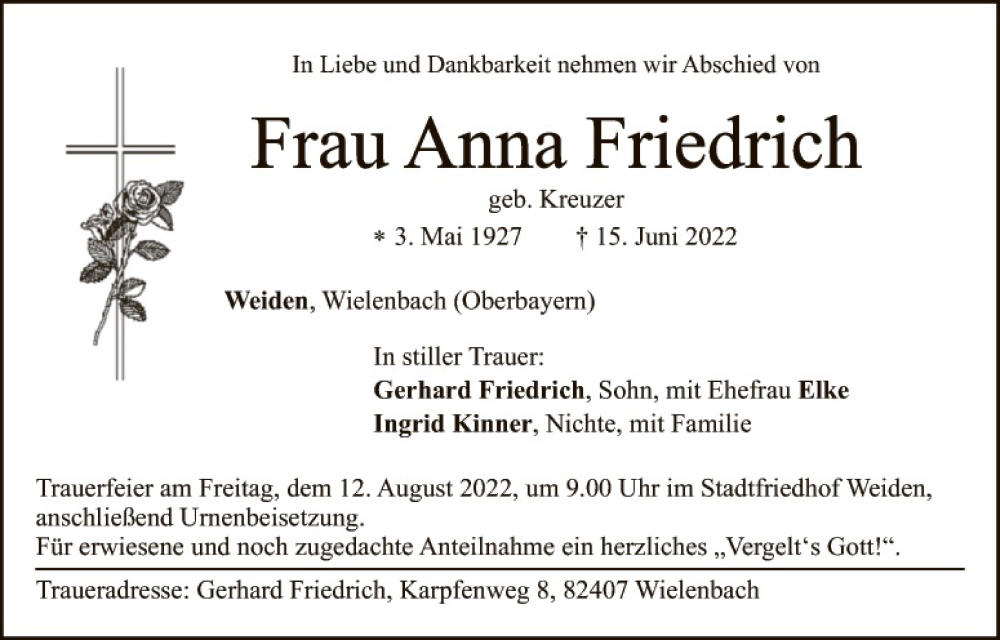  Traueranzeige für Anna Friedrich vom 08.08.2022 aus Hauptausgabe Weiden