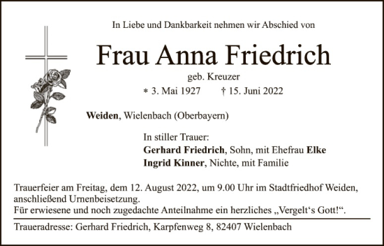 Traueranzeige von Anna Friedrich von Hauptausgabe Weiden