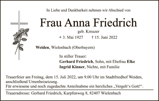 Traueranzeige von Anna Friedrich von Hauptausgabe Weiden