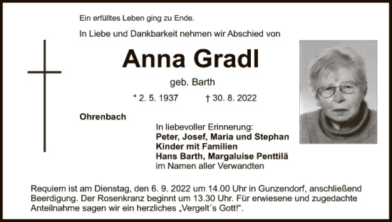 Traueranzeige von Anna Gradl von Eschenbach - Kemnath - Erbendorf + Sulzbach - Rosenberger Zeitung