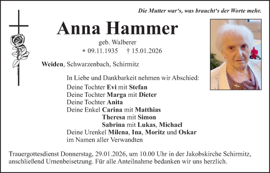 Traueranzeige von Anna Hammer von Hauptausgabe Weiden