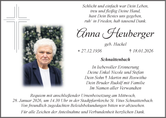 Traueranzeige von Anna Heuberger von Hauptausgabe Amberg