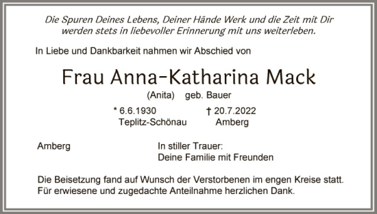 Traueranzeige von Anna-Katharina Mack von Hauptausgabe Amberg