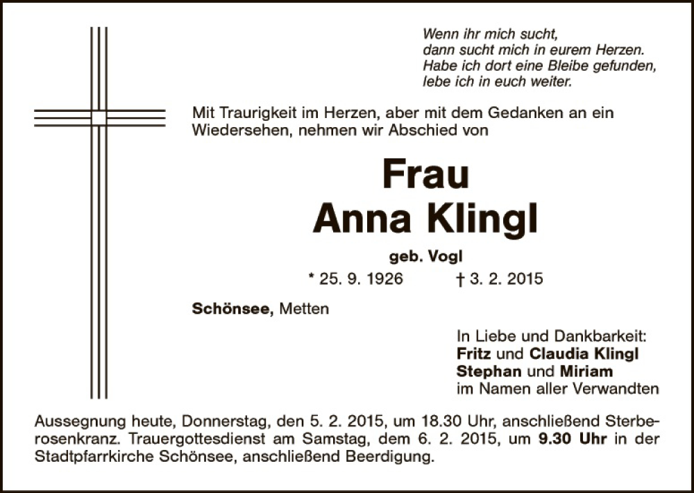  Traueranzeige für Anna Klingl vom 05.02.2015 aus Landkreis Schwandorf