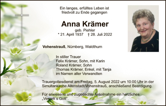 Traueranzeige von Anna Krämer von Hauptausgabe Weiden