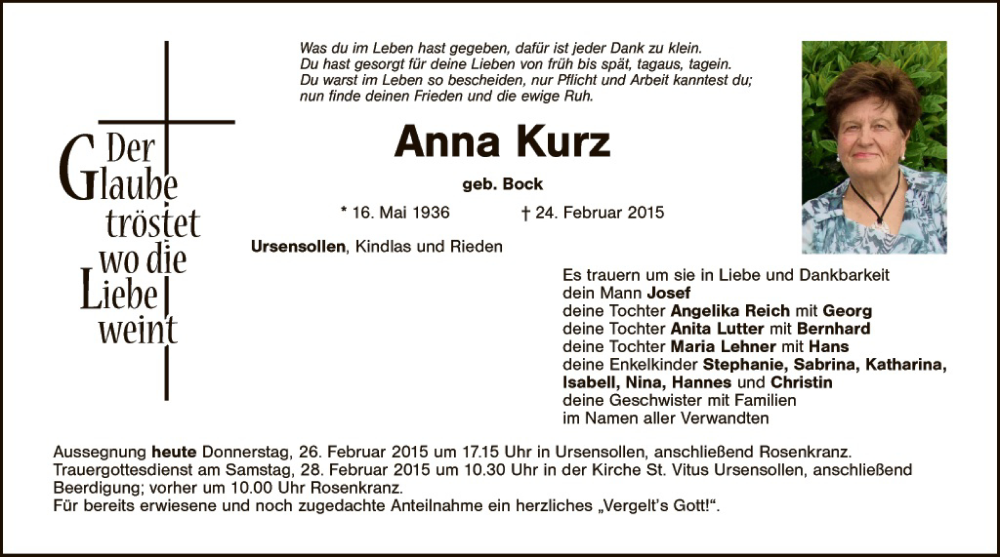  Traueranzeige für Anna Kurz vom 26.02.2015 aus Hauptausgabe Amberg