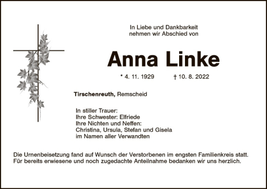 Traueranzeige von Anna Linke von Tirschenreuth + Eschenbach - Kemnath - Erbendorf