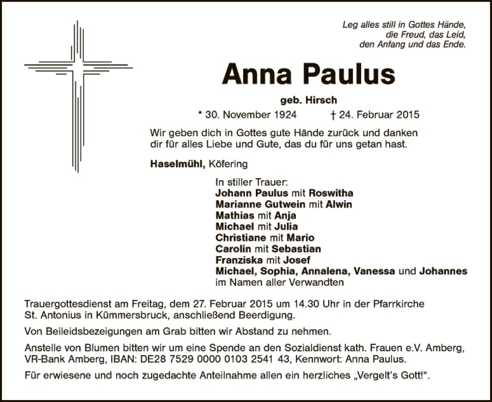  Traueranzeige für Anna Paulus vom 26.02.2015 aus Hauptausgabe Amberg